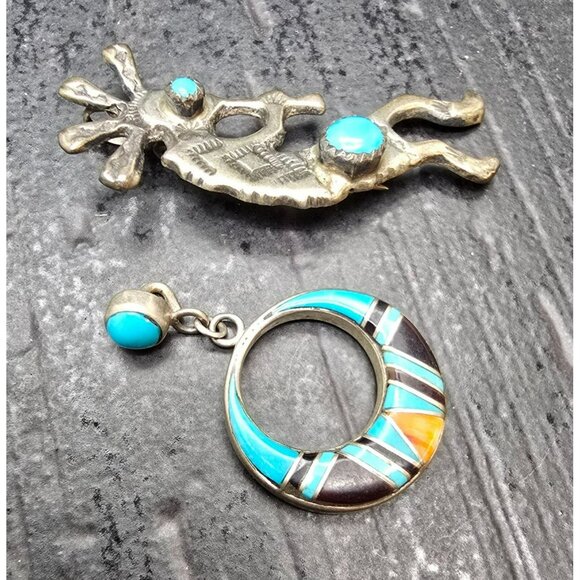 Vintage Sterling Silver Kokopelli Brooch & Inlaid Turquoise Pendant JJ4153 - Picture 3 of 11